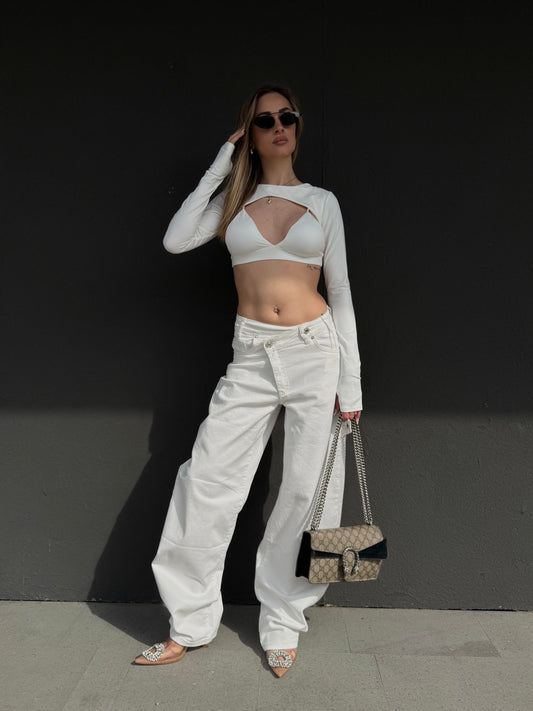 jeans bianco bottone incrociato